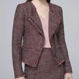 White House Black Market Red Tweed Moto Jacket 8 • Metallic Fringe • Career Chic